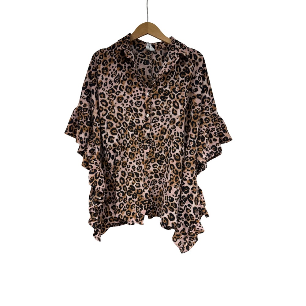 Ivy Jane Leopard Print Ruffle Sleeve Button Down Shirt Oversized Animal S/M